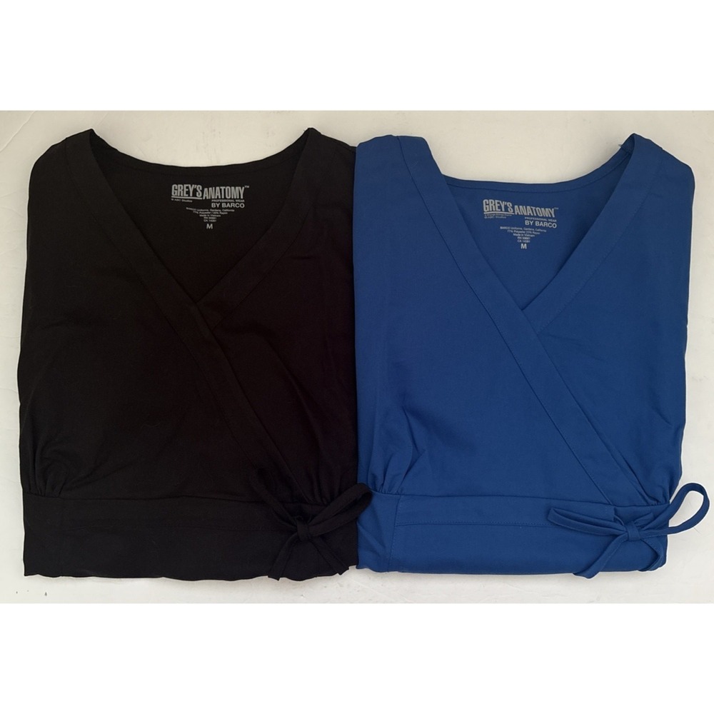 Lot of 2 Grey's Anatomy Barco Scrub Tops Blue Black Women's Nurse Sz Medium
